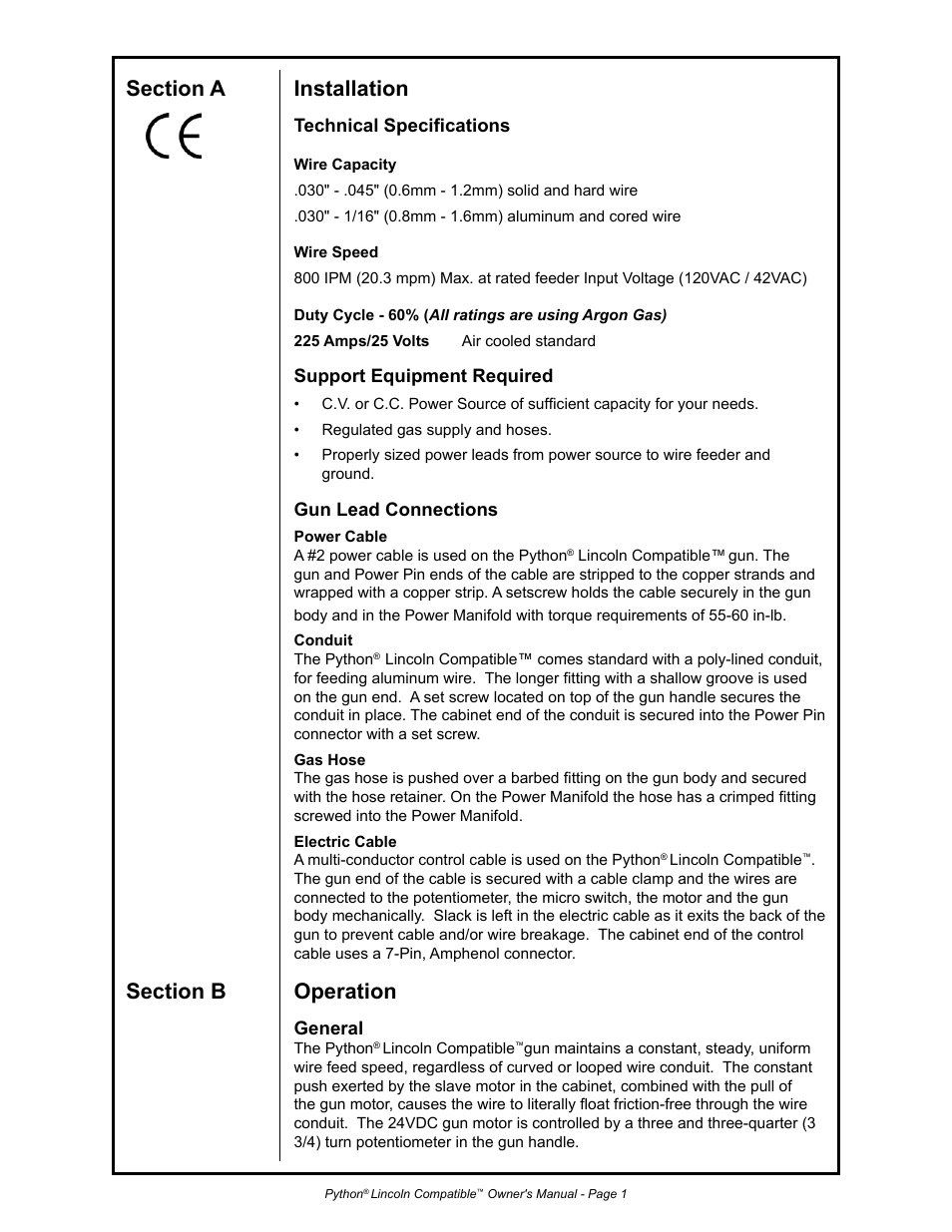Technical specifications, Support equipment required, Gun lead connections | General | Python 232-835 User Manual | Page 9 / 30