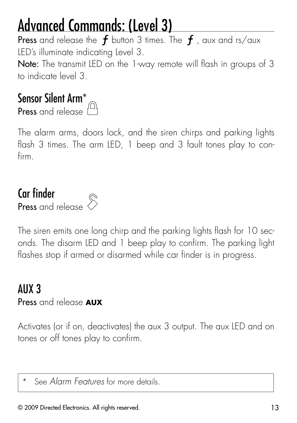 Advanced commands: (level 3), Sensor silent arm, Car ﬁnder | Aux 3 | Python 323 User Manual | Page 16 / 41