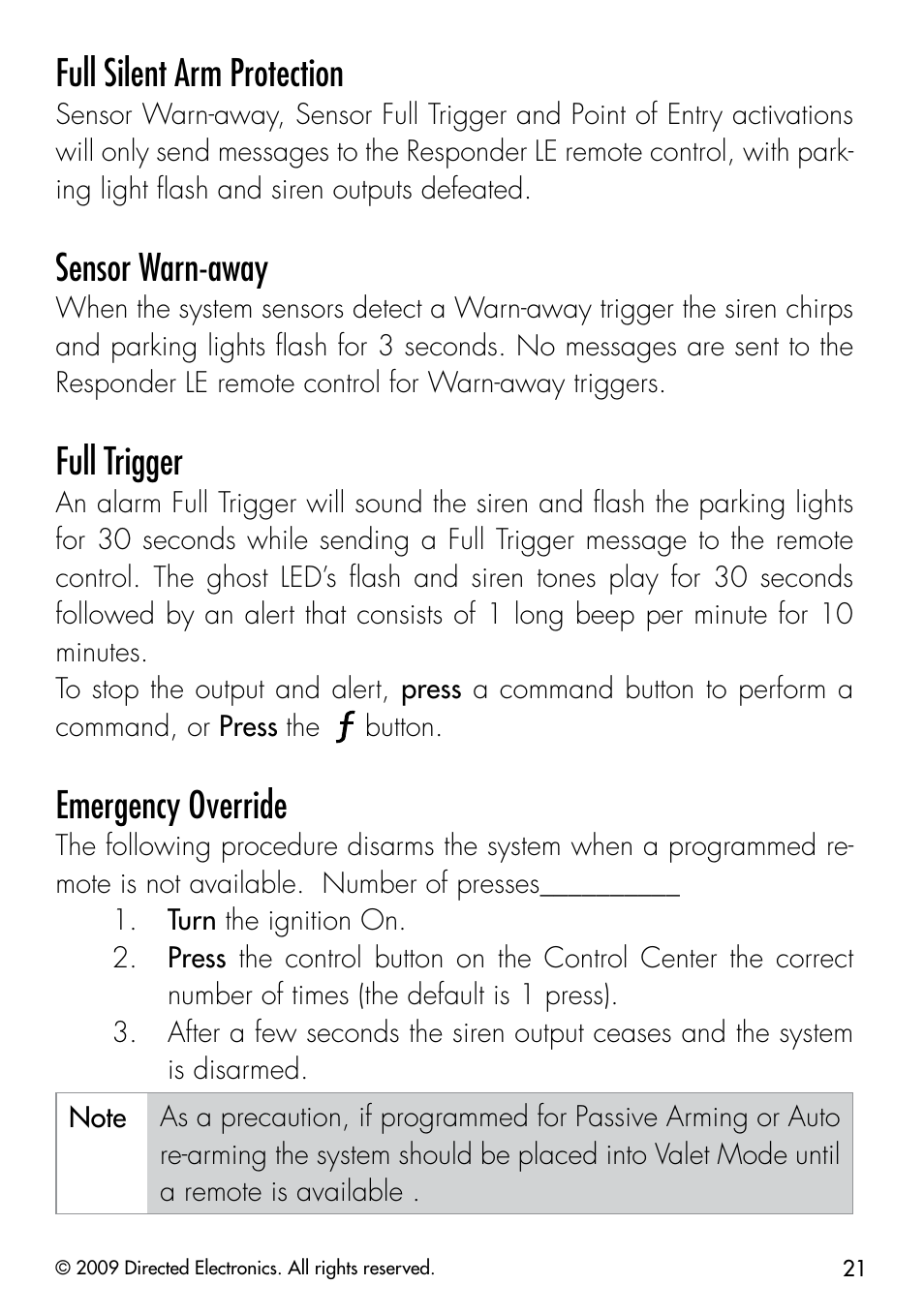 Full silent arm protection, Sensor warn-away, Full trigger | Emergency override | Python 323 User Manual | Page 24 / 41