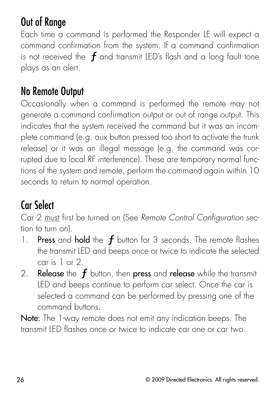 Out of range, No remote output, Car select | Python 323 User Manual | Page 29 / 41