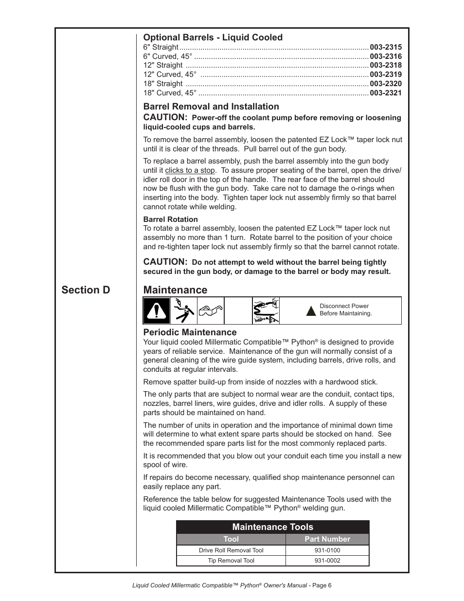 Python LIQUID COOLED MILLERMATIC COMPATIBLE 248-8XX User Manual | Page 17 / 32