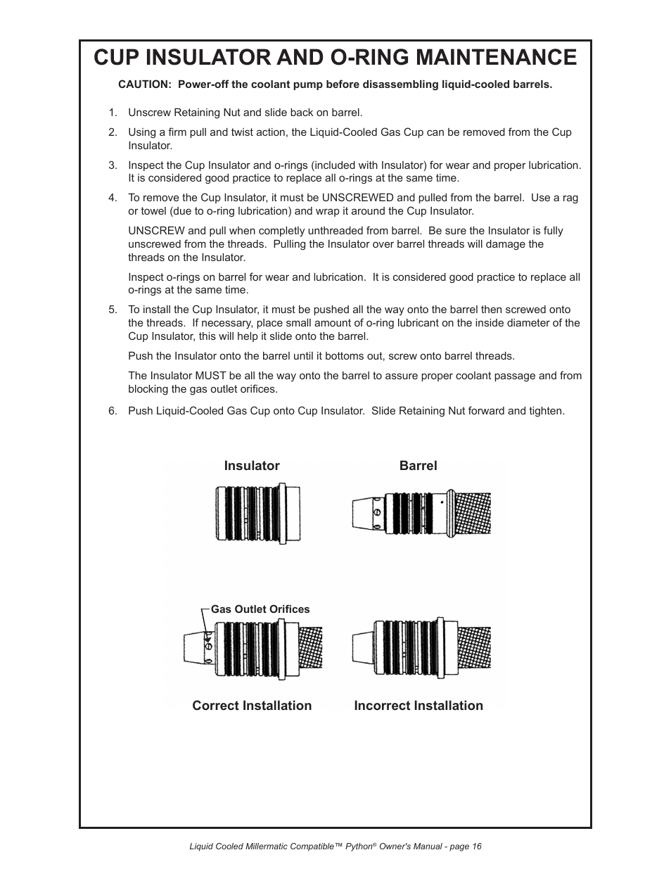 Cup insulator and o-ring maintenance | Python LIQUID COOLED MILLERMATIC COMPATIBLE 248-8XX User Manual | Page 27 / 32