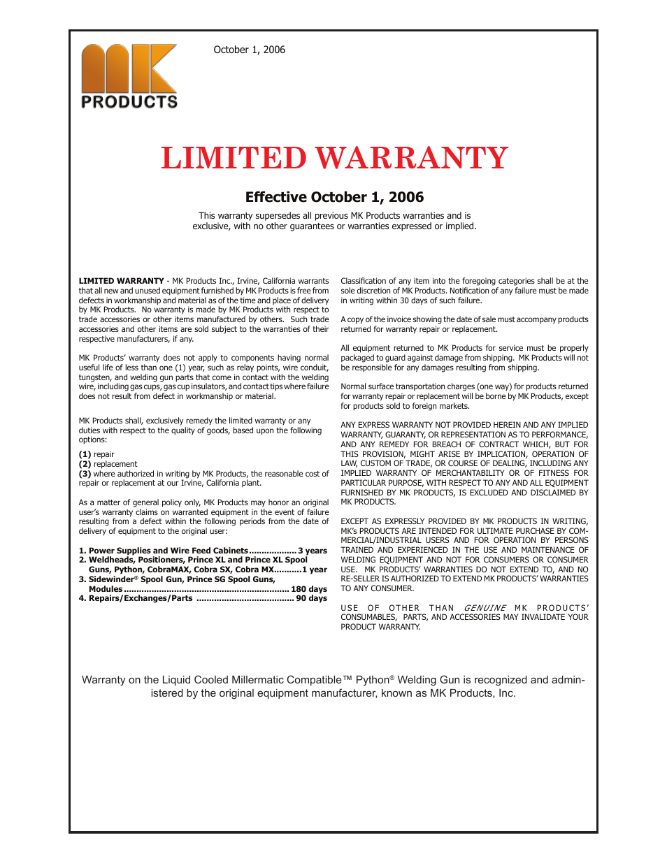 Limited warranty | Python LIQUID COOLED MILLERMATIC COMPATIBLE 248-8XX User Manual | Page 31 / 32