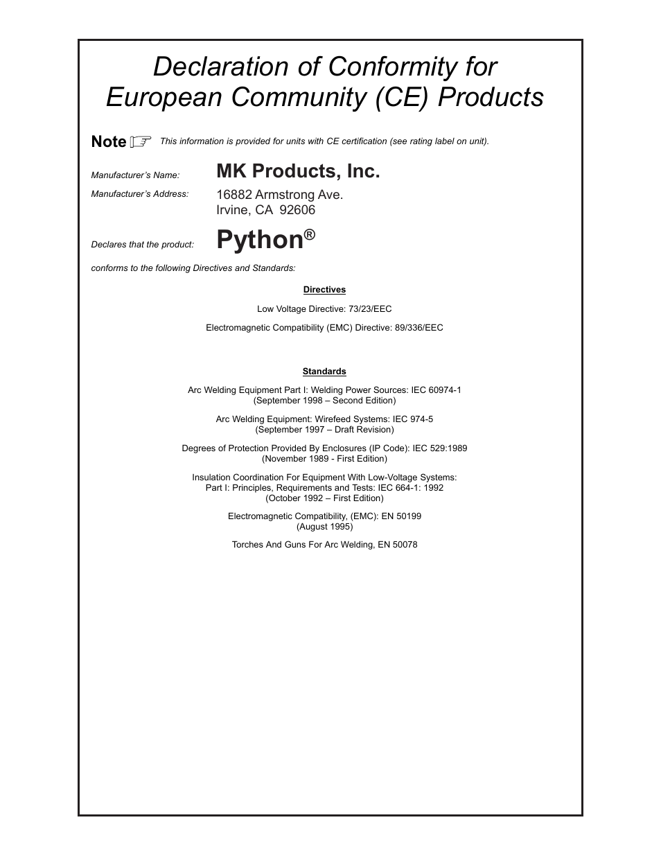 Python, Xr-control, Mk products, inc | Miller electric mfg. co | Python LIQUID COOLED MILLERMATIC COMPATIBLE 248-8XX User Manual | Page 4 / 32