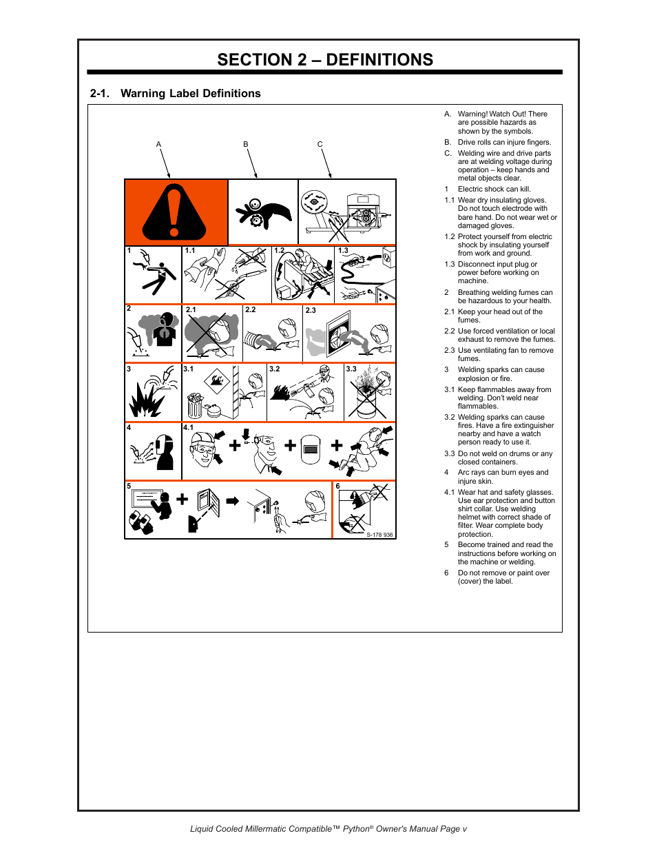 1. warning label definitions | Python LIQUID COOLED MILLERMATIC COMPATIBLE 248-8XX User Manual | Page 9 / 32