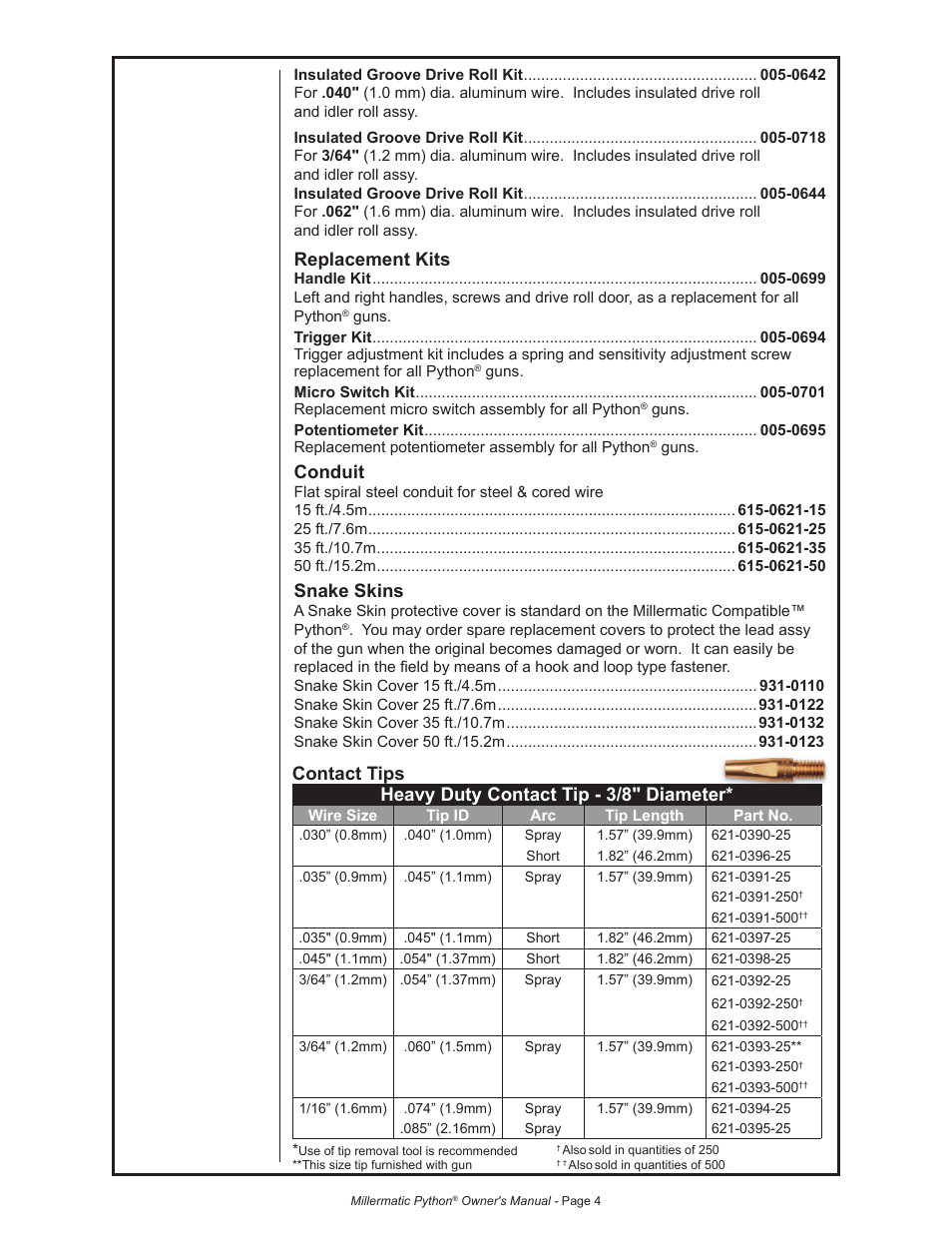 Replacement kits, Conduit, Snake skins | Python 240-8XX 091-0593 User Manual | Page 16 / 30