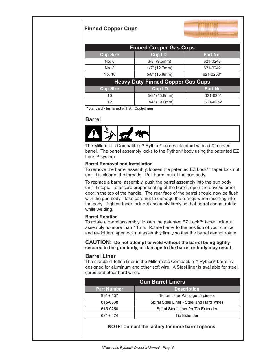 Barrel, Caution, Barrel liner | Finned copper gas cups, Heavy duty finned copper gas cups, Finned copper cups gun barrel liners | Python 240-8XX 091-0593 User Manual | Page 17 / 30