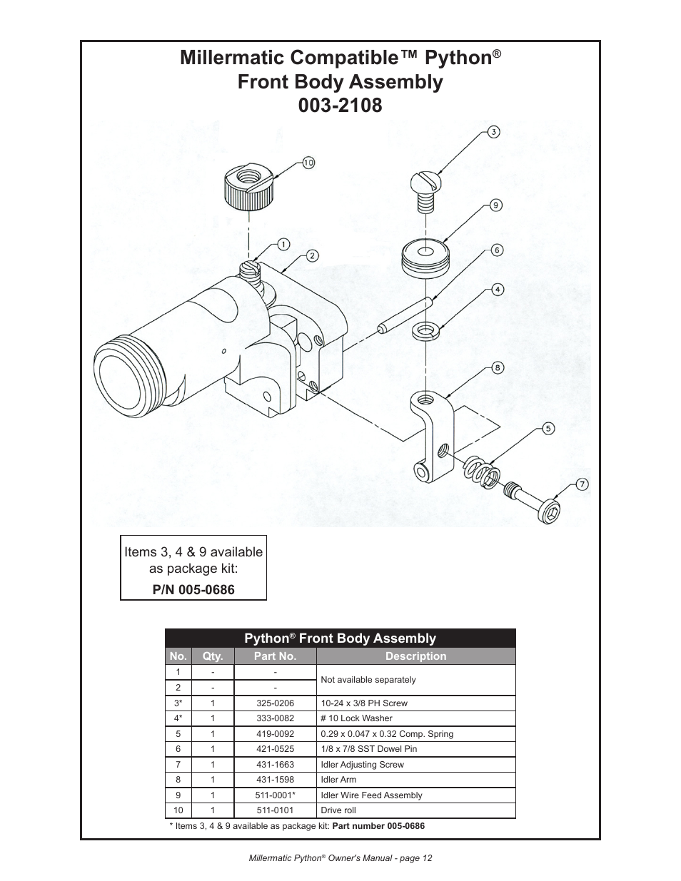 Millermatic compatible™ python, Front body assembly | Python 240-8XX 091-0593 User Manual | Page 24 / 30