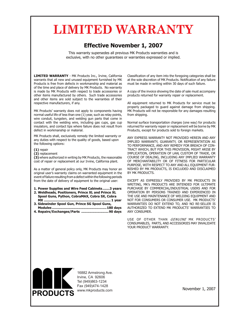 Limited warranty | Python 240-8XX 091-0593 User Manual | Page 29 / 30