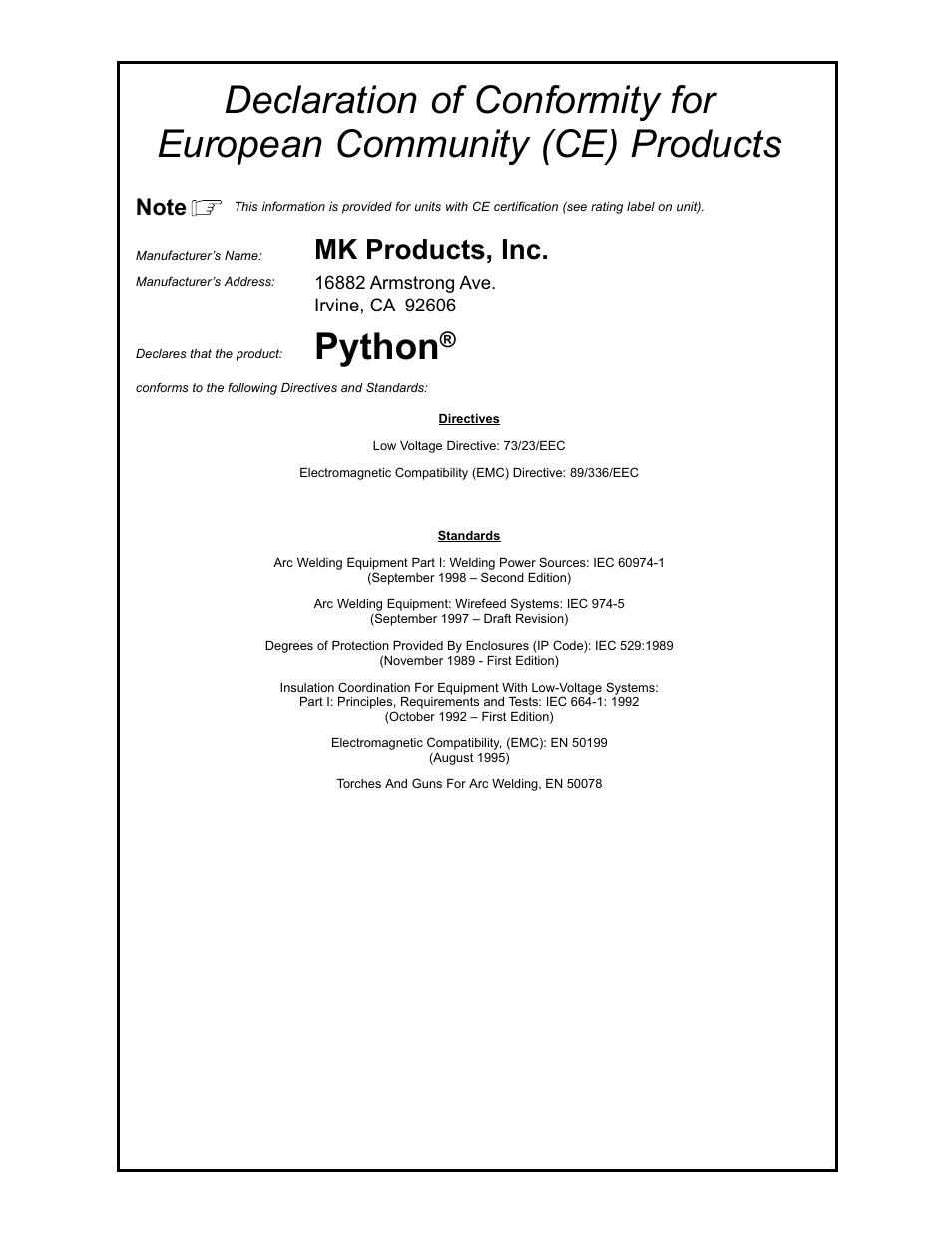 Python, Xr-control, Mk products, inc | Miller electric mfg. co | Python 240-8XX 091-0593 User Manual | Page 4 / 30