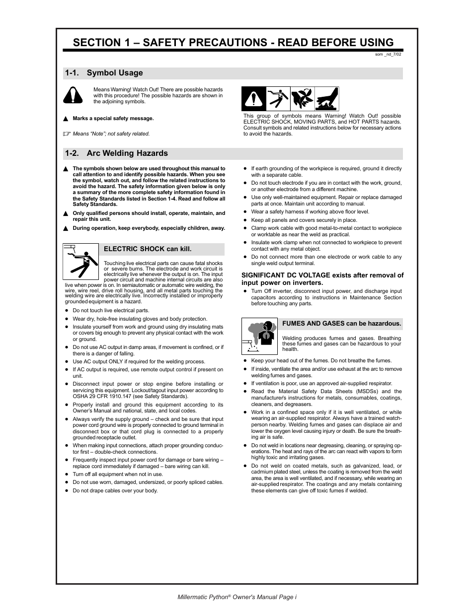 1. symbol usage, 2. arc welding hazards | Python 240-8XX 091-0593 User Manual | Page 5 / 30