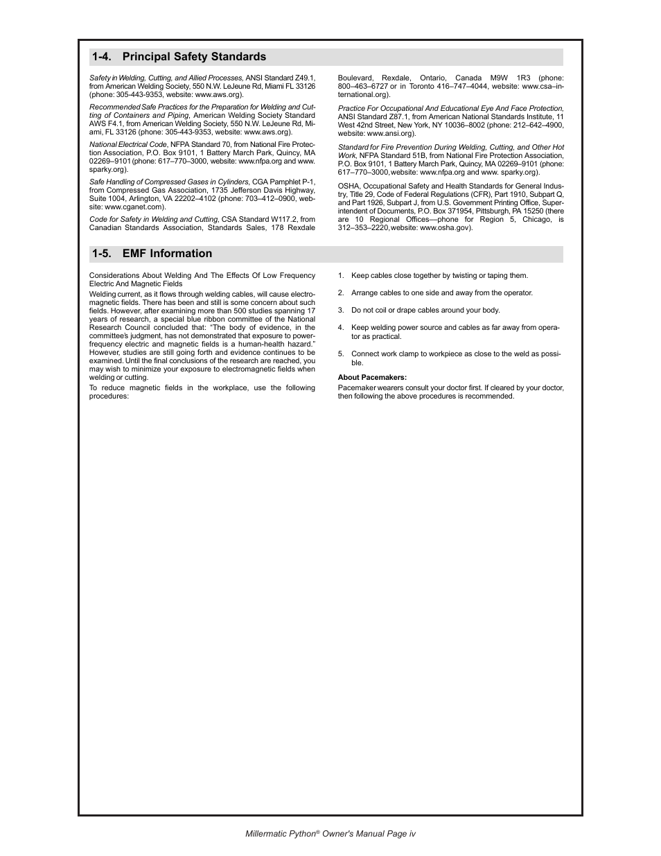 4. principal safety standards, 5. emf information | Python 240-8XX 091-0593 User Manual | Page 8 / 30
