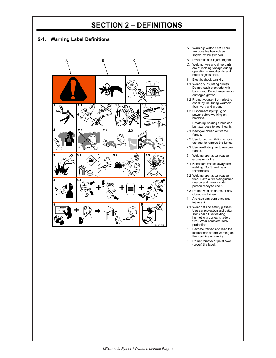 1. warning label definitions | Python 240-8XX 091-0593 User Manual | Page 9 / 30