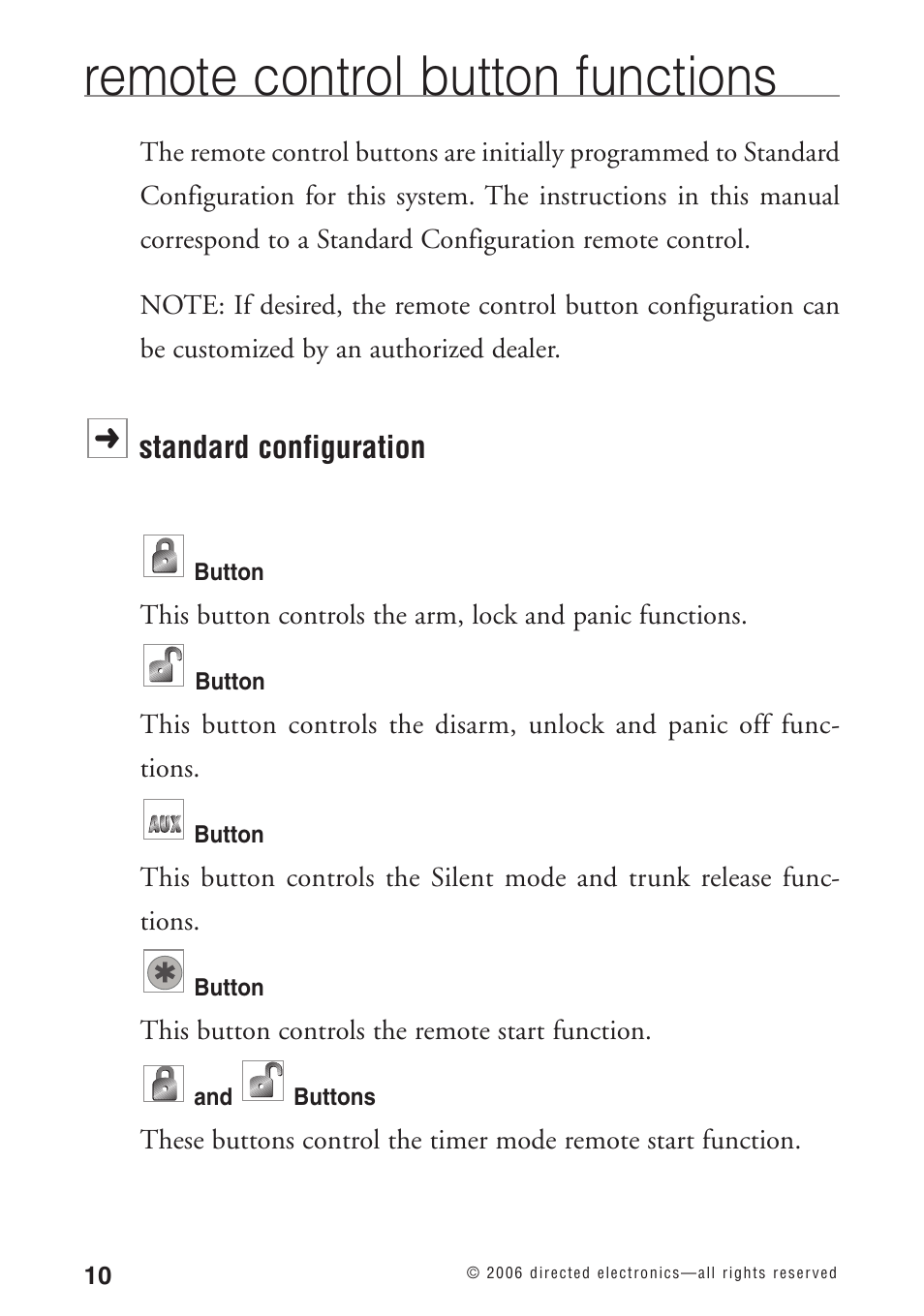 Remote control button functions, Standard configuration, This button controls the remote start function | Python 1090 User Manual | Page 14 / 60