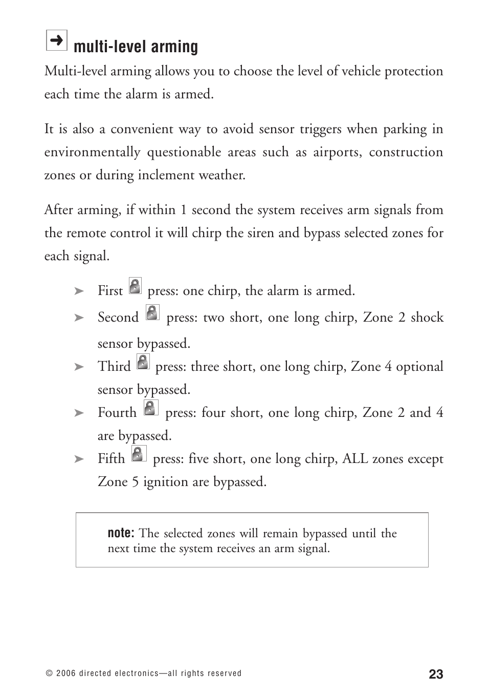 Multi-level arming, First, Press: one chirp, the alarm is armed | Second, Third, Fourth, Fifth | Python 1090 User Manual | Page 27 / 60