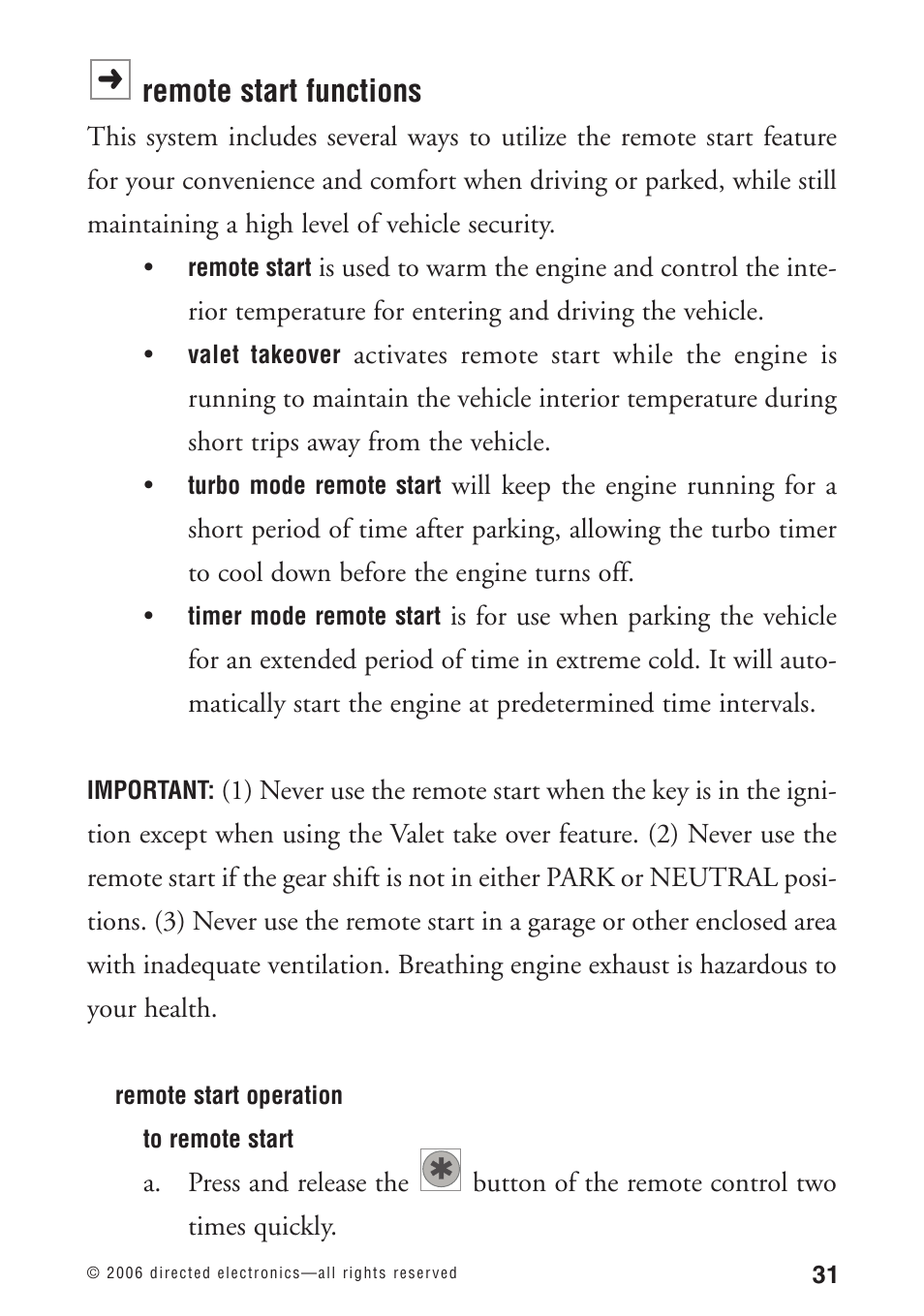 Remote start functions | Python 1090 User Manual | Page 35 / 60