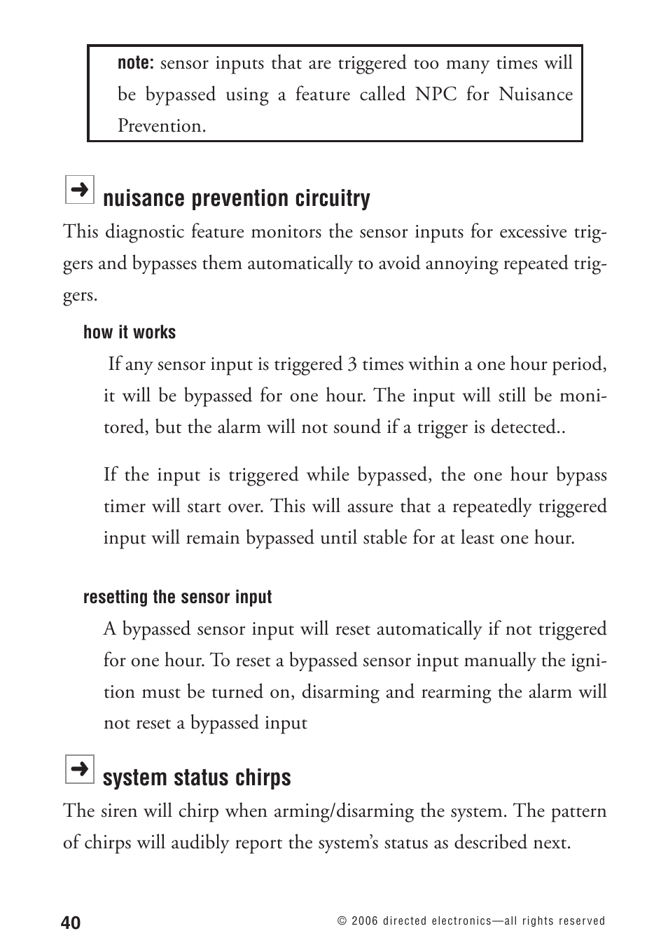 Nuisance prevention circuitry, System status chirps | Python 1090 User Manual | Page 44 / 60