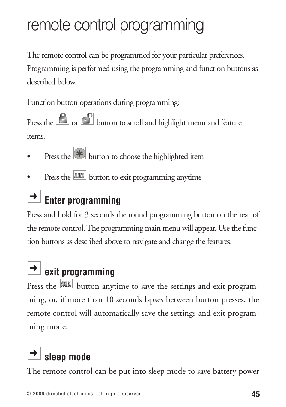 Remote control programming, Enter programming, Exit programming | Sleep mode | Python 1090 User Manual | Page 49 / 60
