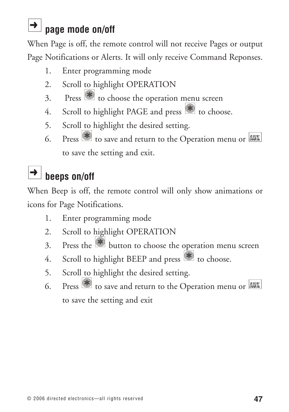 Page mode on/off, Beeps on/off | Python 1090 User Manual | Page 51 / 60