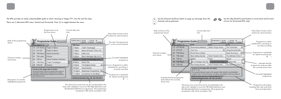 2 electronic programme guide (epg), Vertical epg, Horizontal epg | Pixel Magic Systems MTV5000 User Manual | Page 17 / 33