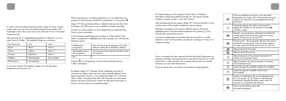 8 managing recorded programmes, Organising programmes into folders, Deleting and undeleting files | Keeping files, 9 playback of recorded programmes, Recording and playback | Pixel Magic Systems MTV5000 User Manual | Page 22 / 33