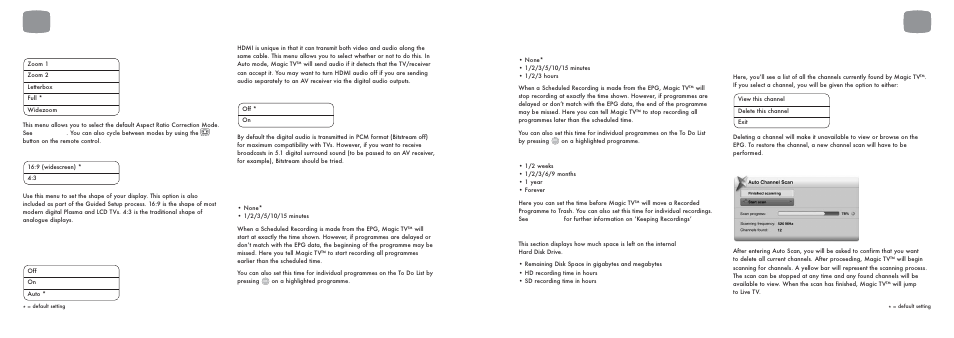 Aspect correction mode, Tv aspect ratio, 3 audio | Hdmi audio out, Bitstream, 4 recording, Extend start times, Extend stop times, Keep programme for, Remaining disk space | Pixel Magic Systems MTV5000 User Manual | Page 25 / 33