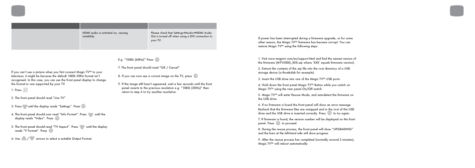 2 setting the output format from the front panel, 3 rescue procedure (from firmware corruption), Troubleshooting | Pixel Magic Systems MTV5000 User Manual | Page 31 / 33