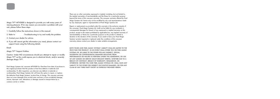 Product support, Product warranty, Limitation of liability (for all customers) | Support & warranty | Pixel Magic Systems MTV5000 User Manual | Page 33 / 33