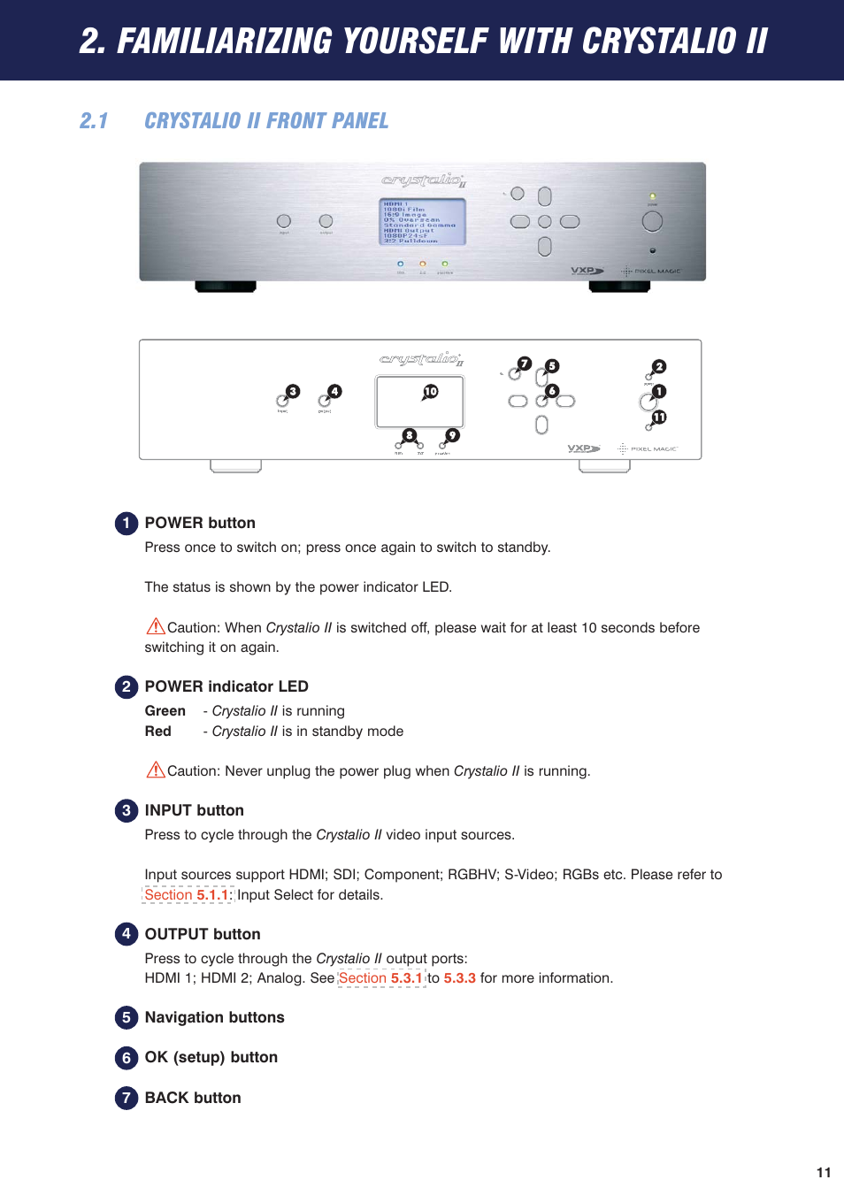 2 familiarizing yourself with crystalio ii, 1 crystalio ii front panel, Familiarizing yourself with crystalio ii | Pixel Magic Systems VPS3800 User Manual | Page 11 / 83
