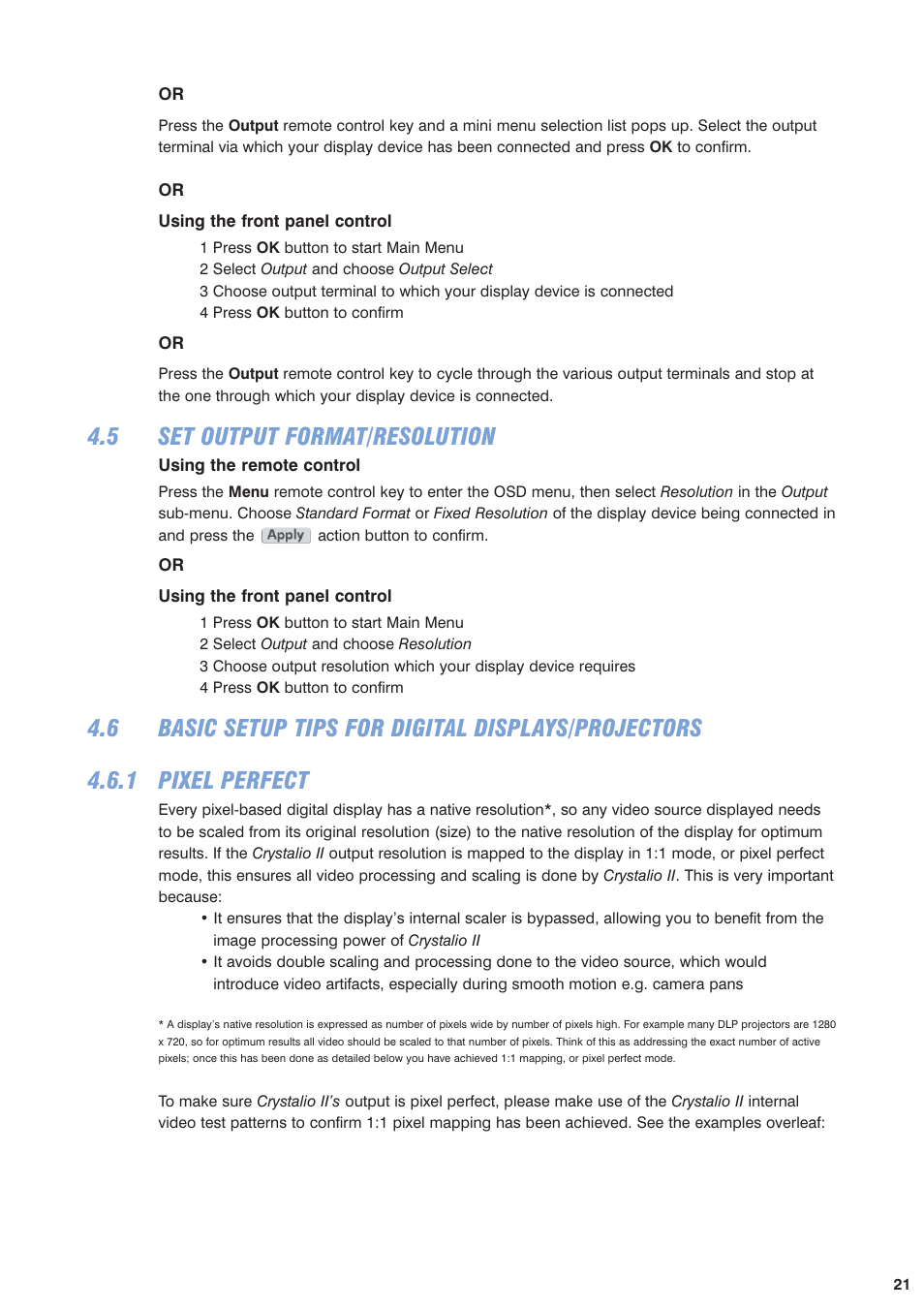 5 set output format/resolution, 6 basic setup tips for digital displays/projectors, 1 pixel perfect | Pixel Magic Systems VPS3800 User Manual | Page 21 / 83