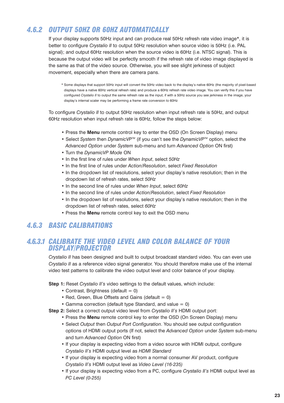 2 output 50hz or 60hz automatically, 3 basic calibrations | Pixel Magic Systems VPS3800 User Manual | Page 23 / 83