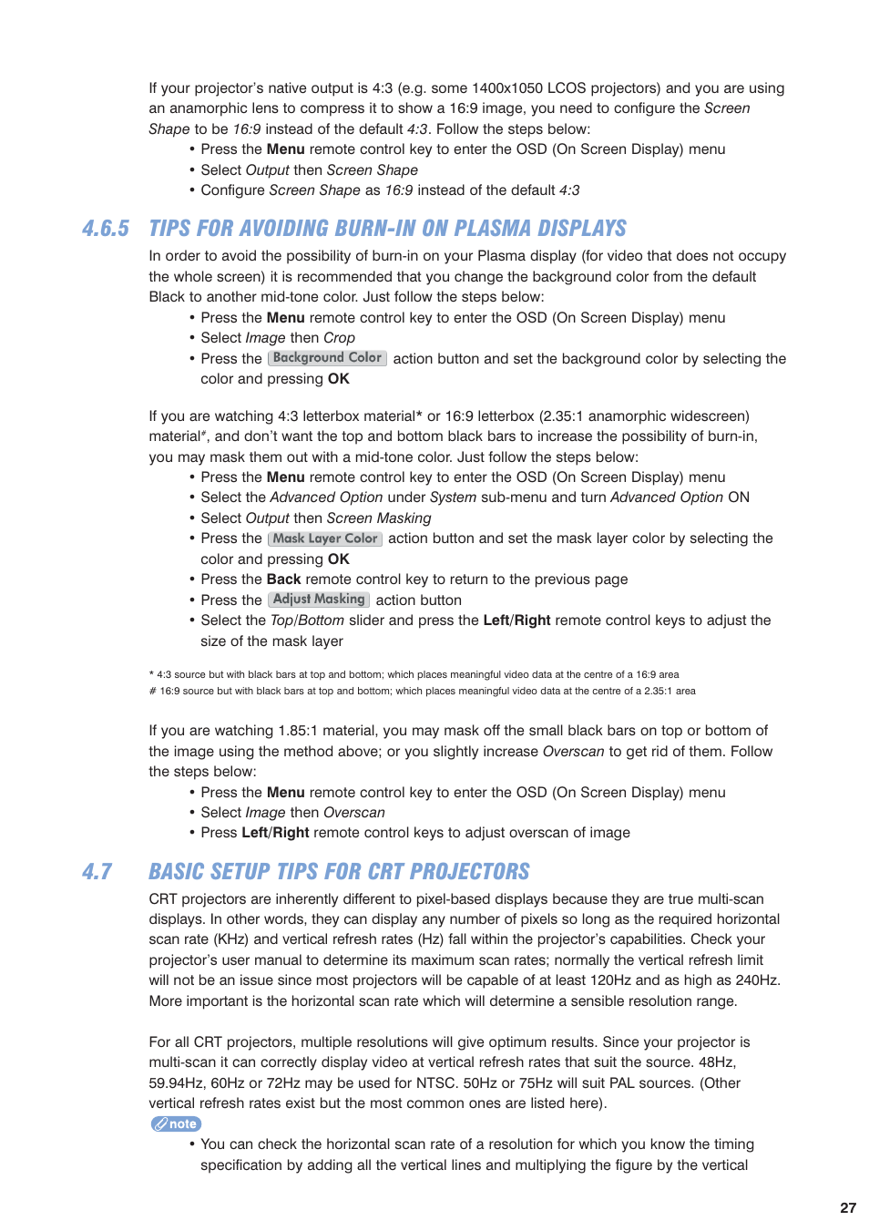 5 tips for avioding burn-in on plasma displays, 7 basic setup tips for crt projectors, 5 tips for avoiding burn-in on plasma displays | Pixel Magic Systems VPS3800 User Manual | Page 27 / 83