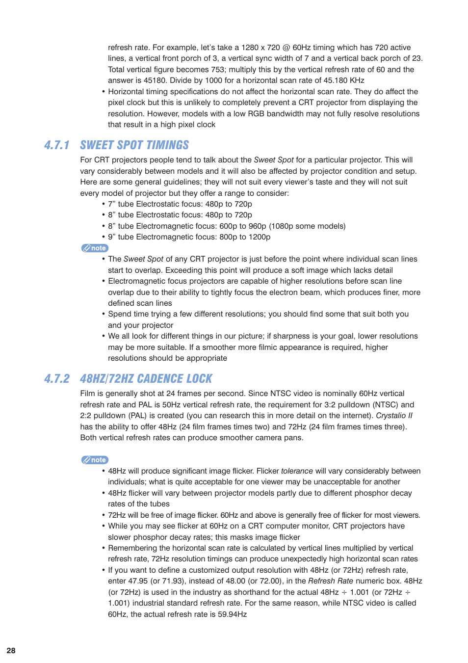 1 sweet spot timings, 2 48hz/72hz cadence lock | Pixel Magic Systems VPS3800 User Manual | Page 28 / 83
