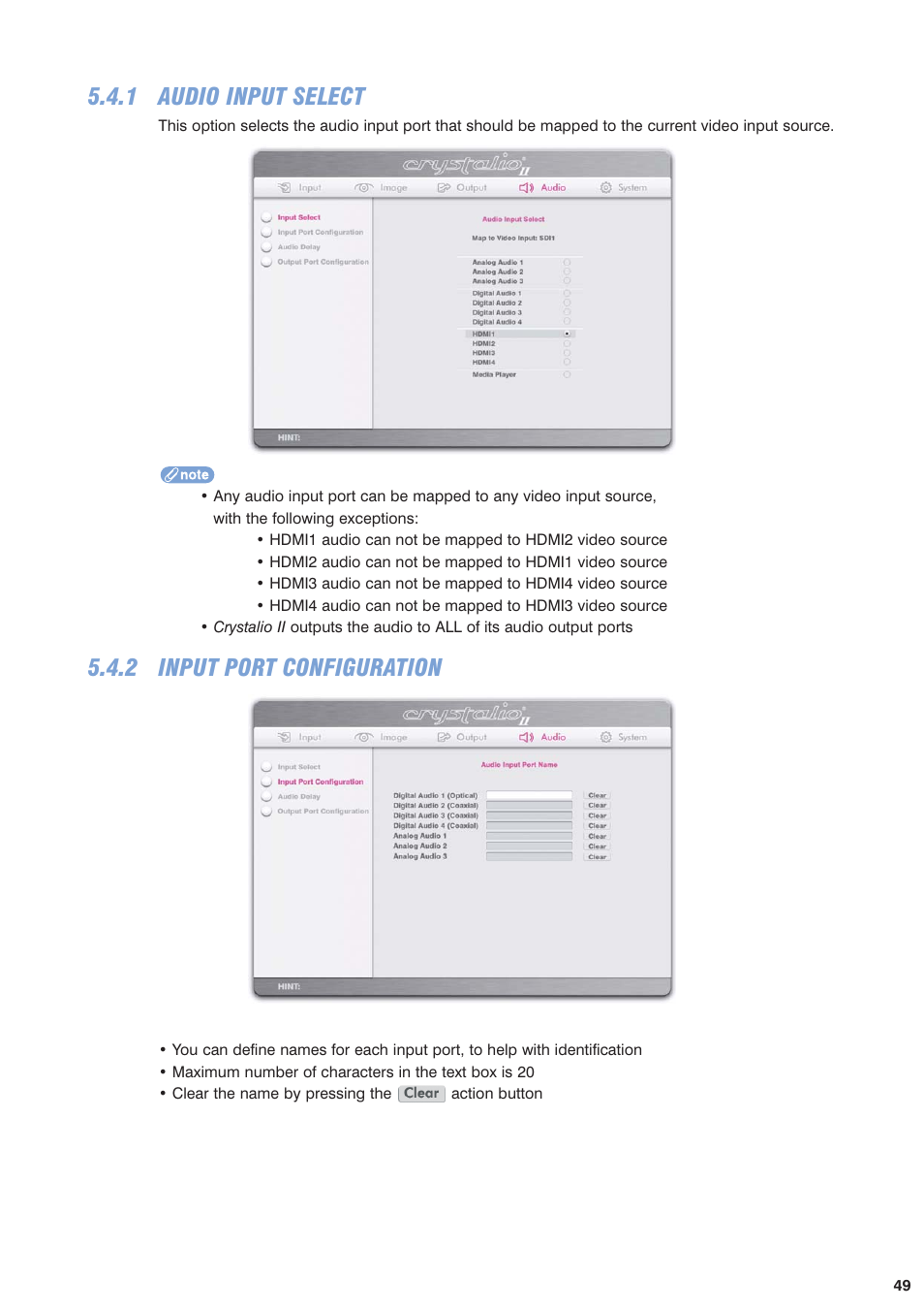 1 audio input select, 2 input port configuration, Audio inputs (see | Section 5.4.1 | Pixel Magic Systems VPS3800 User Manual | Page 49 / 83