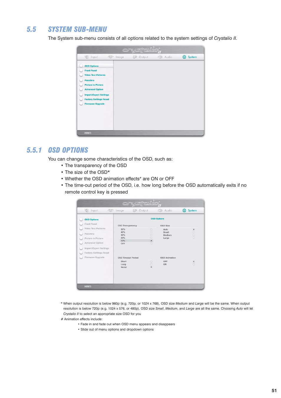 5 system sub-menu, 1 osd options, Section 5.1.1 | Input select for details | Pixel Magic Systems VPS3800 User Manual | Page 51 / 83