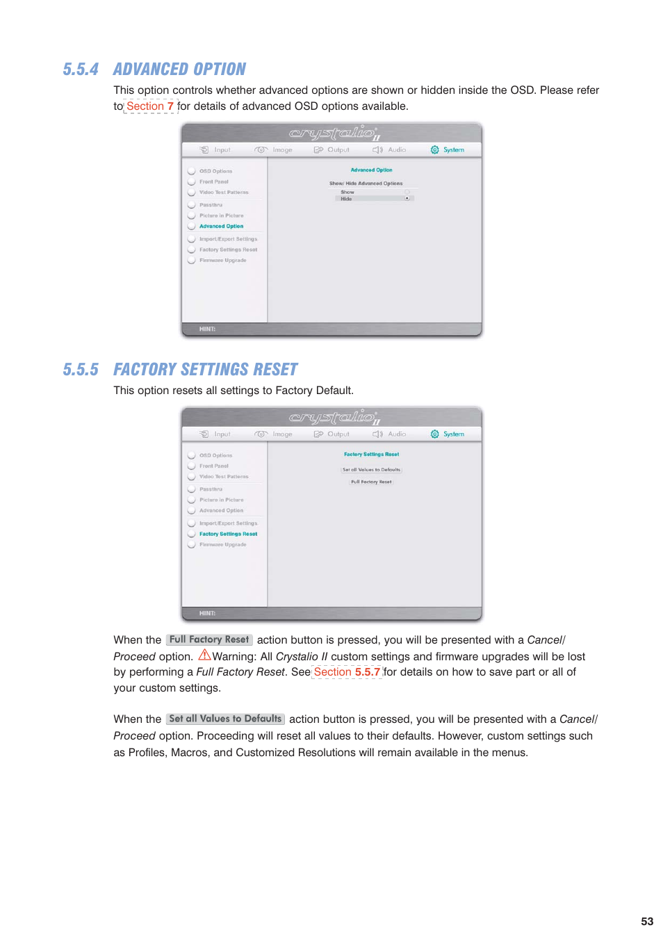 4 advanced option, 5 factory settings reset | Pixel Magic Systems VPS3800 User Manual | Page 53 / 83