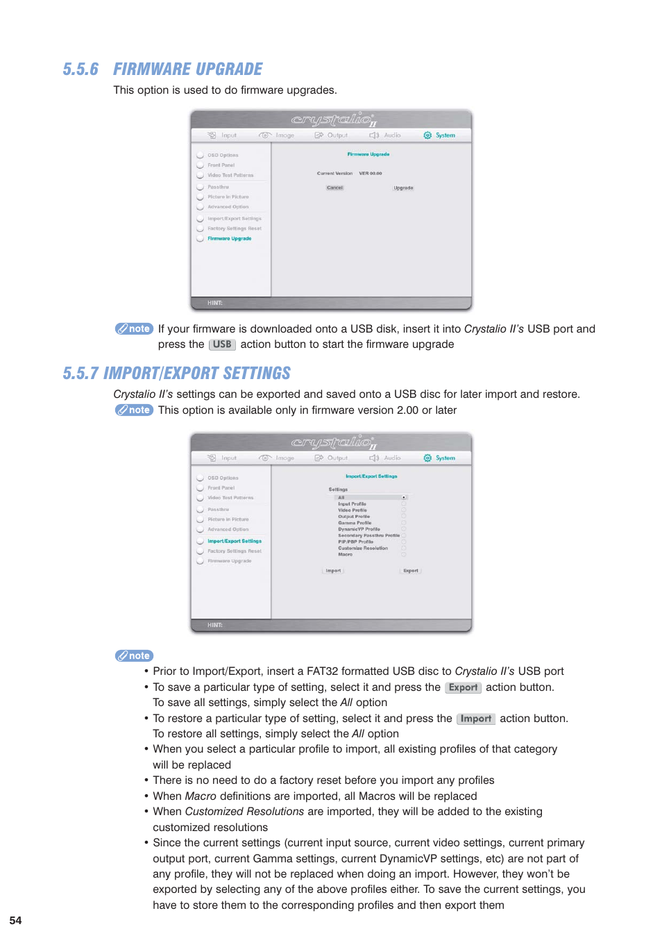 6 firmware upgrade, 7 import/export settings, Section 5.5.7 | Pixel Magic Systems VPS3800 User Manual | Page 54 / 83