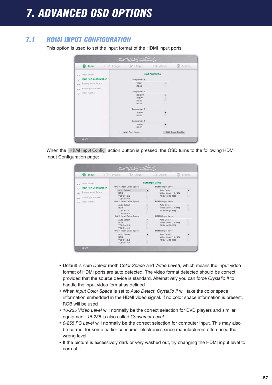 7 advanced osd options, 1 hdmi input configuration, Section 7 | For details of advanced osd options available, Configuration and, Advanced osd, Advanced osd options | Pixel Magic Systems VPS3800 User Manual | Page 57 / 83