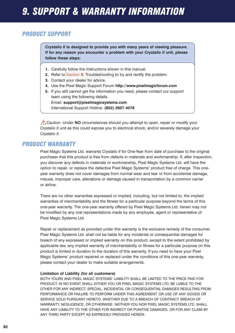 9 support & warranty information, Support & warranty information, Product support | Product warranty | Pixel Magic Systems VPS3800 User Manual | Page 82 / 83