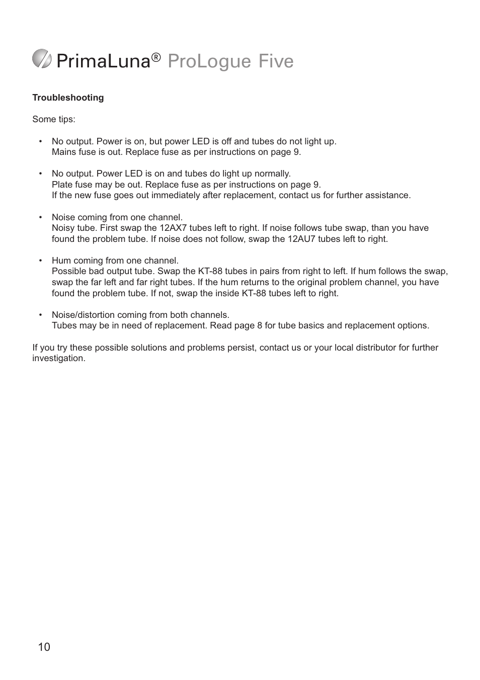 Primaluna ® prologue five | PrimaLuna USA ProLogue Five User Manual | Page 10 / 12