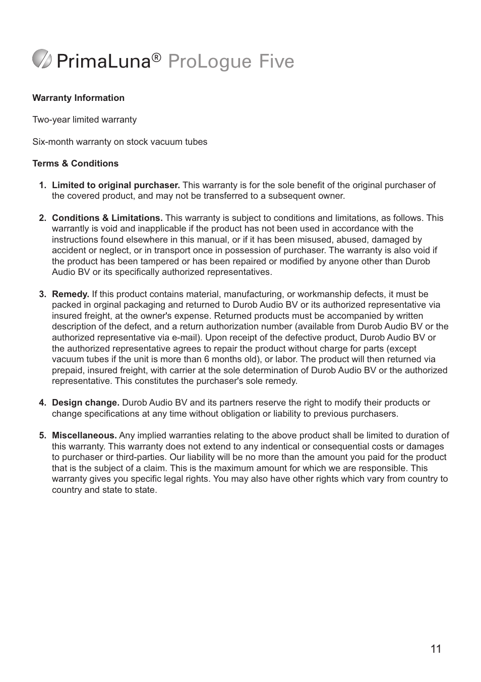 Primaluna ® prologue five | PrimaLuna USA ProLogue Five User Manual | Page 11 / 12