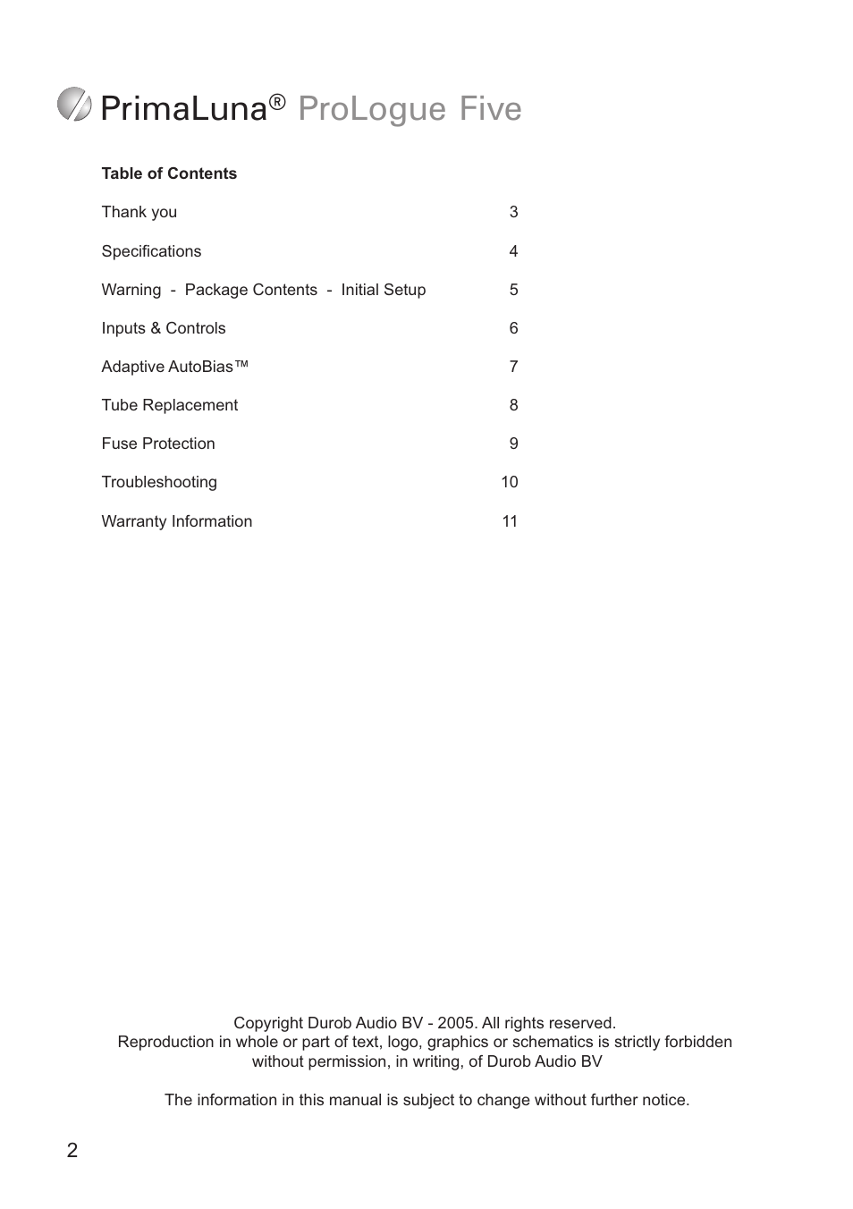 Primaluna ® prologue five | PrimaLuna USA ProLogue Five User Manual | Page 2 / 12