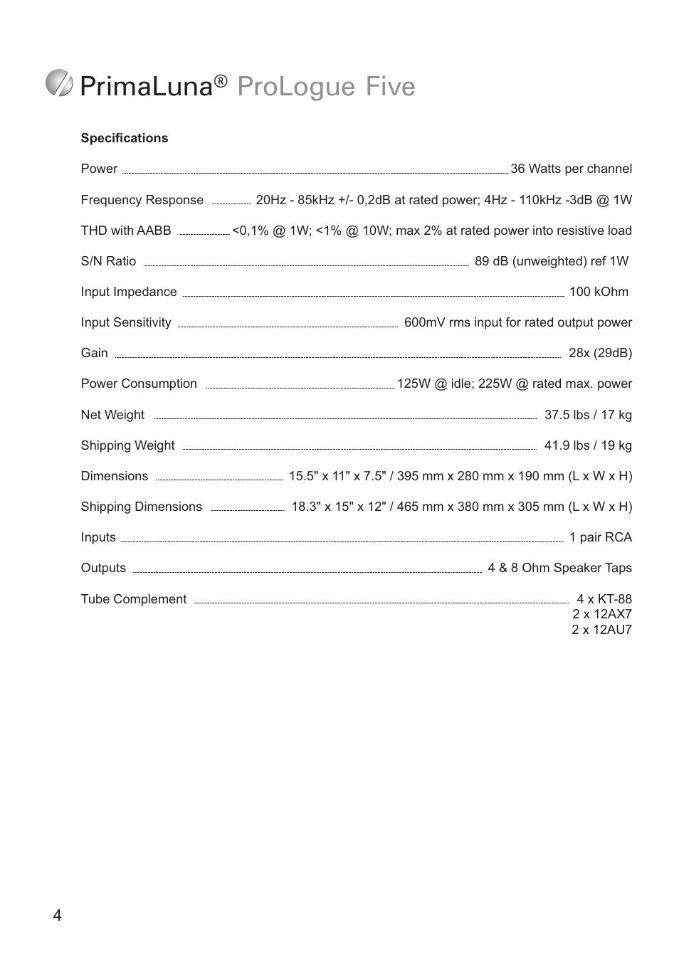 Primaluna ® prologue five | PrimaLuna USA ProLogue Five User Manual | Page 4 / 12