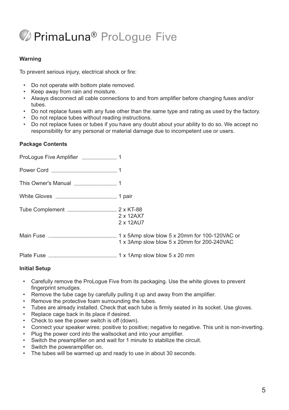 Primaluna ® prologue five | PrimaLuna USA ProLogue Five User Manual | Page 5 / 12