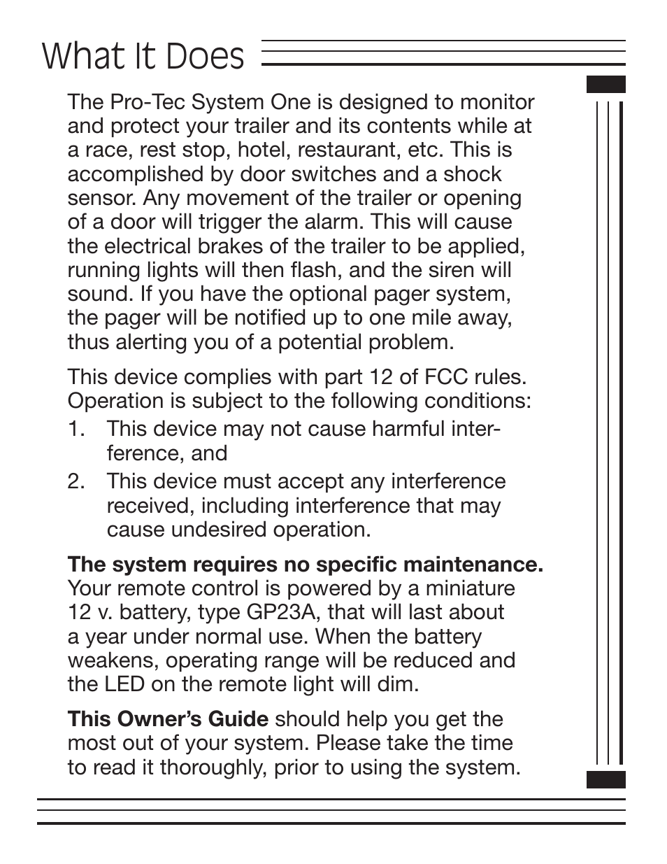 What it does | Pro-tec Automobile Alarm User Manual | Page 3 / 16
