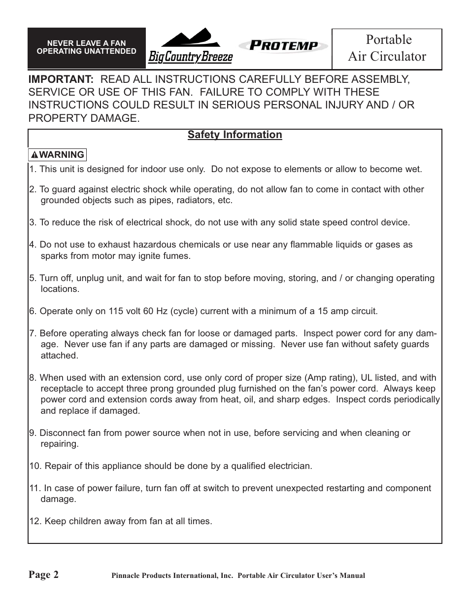 Portable air circulator | Pinnacle Products International PROTEMP PT-36-BDF User Manual | Page 2 / 6