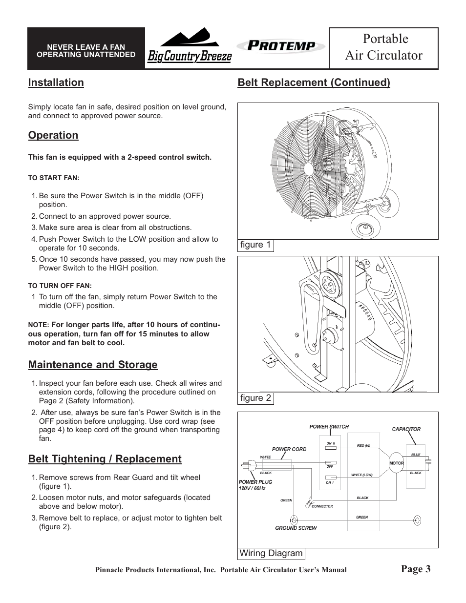 Portable air circulator, Installation, Operation | Maintenance and storage, Belt tightening / replacement, Belt replacement (continued), Page 3 | Pinnacle Products International PROTEMP PT-36-BDF User Manual | Page 3 / 6