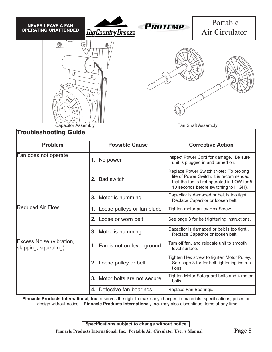 Portable air circulator, Troubleshooting guide, Page 5 | Pinnacle Products International PROTEMP PT-36-BDF User Manual | Page 5 / 6