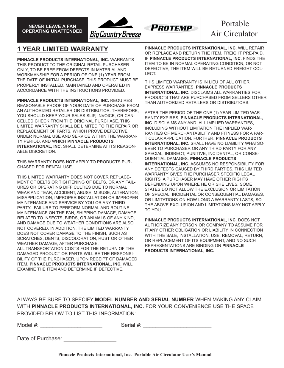 Portable air circulator, 1 year limited warranty | Pinnacle Products International PROTEMP PT-36-BDF User Manual | Page 6 / 6