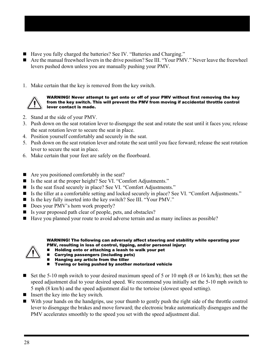 V. operation | Pride Mobility Wrangler User Manual | Page 28 / 44